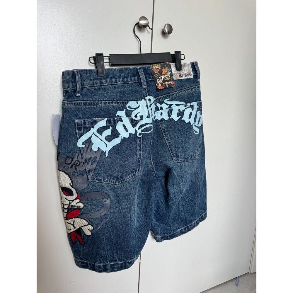 NWT Ed Hardy Baggy Mens Blue Tattoo Jean Shorts 32W Graphic Print (Retail 100)